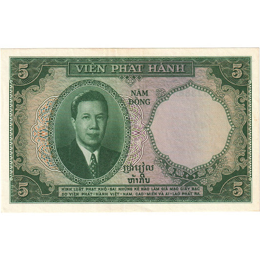 Bankovka, 
  
  FRANCOUZSKÁ INDO-ČÍNA, 
  
  5 Piastrů = 5 Dongů