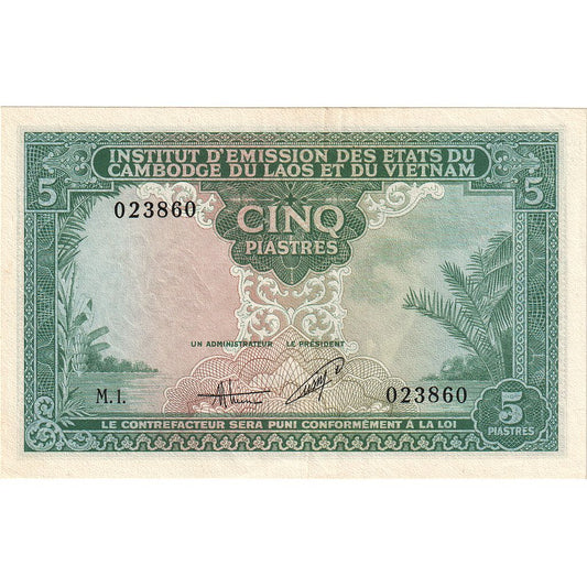Bankovka, 
  
  FRANCOUZSKÁ INDO-ČÍNA, 
  
  5 Piastrů = 5 Dongů